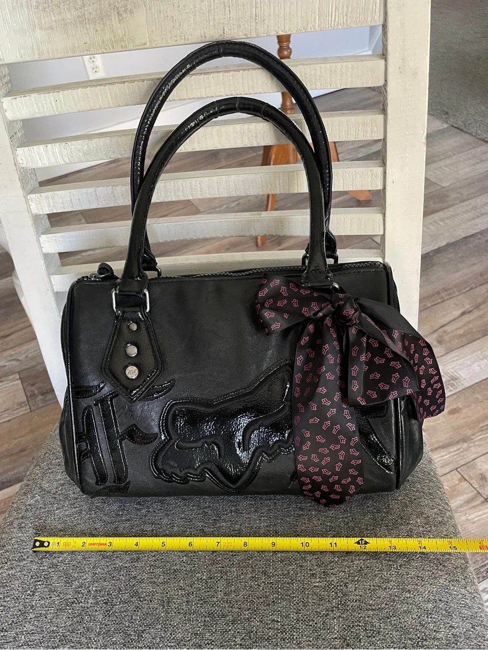 Vintage Y2K RARE FOX Racing Black Handbag  satchel Purse with Pink Logo Ribbon